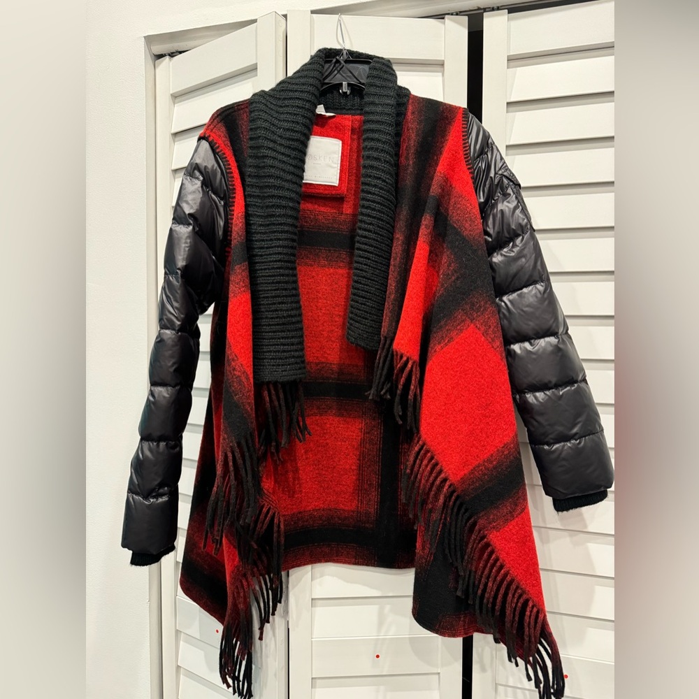 Sosken Red Plaid Wool & Down Fringe Jacket XS